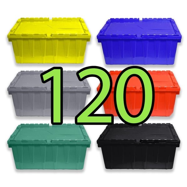 Pallet of 120 Heavy-Duty Plastic Totes w. Attached Lid 