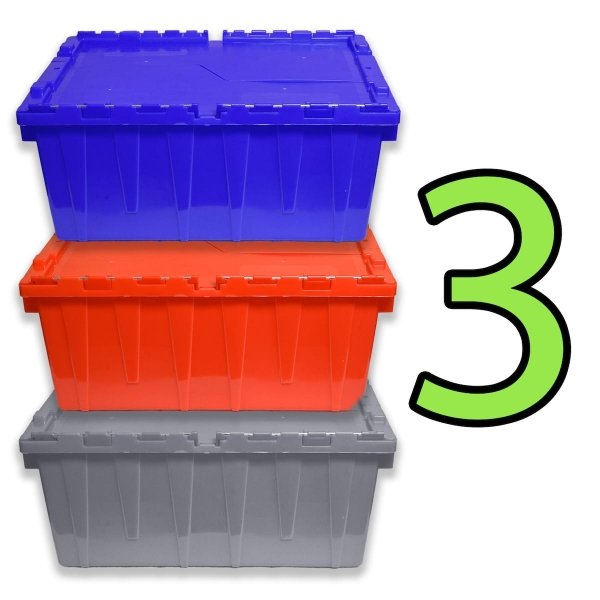 Set of 3 Heavy-Duty Plastic Totes w. Attached Lid 