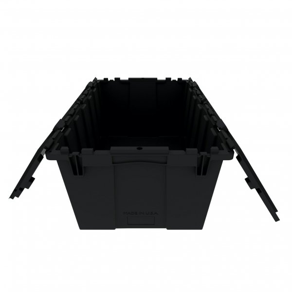 Set of 6 Black Heavy-Duty Plastic Totes w. Attached Lid 