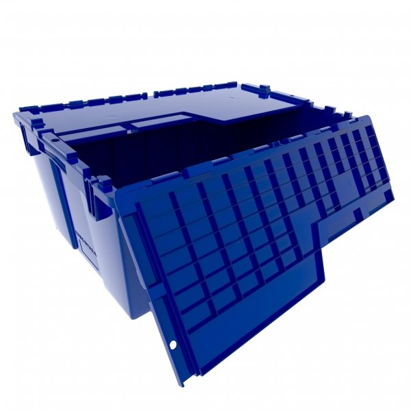 14-Gallon Industrial Plastic Tote with Hinged Lids, Blue - Heavy