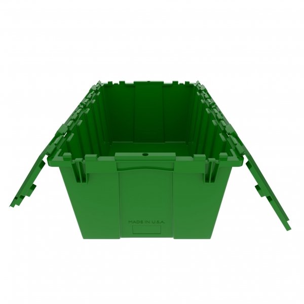 Pallet of 120 Green Heavy-Duty Plastic Totes w. Attached Lid 