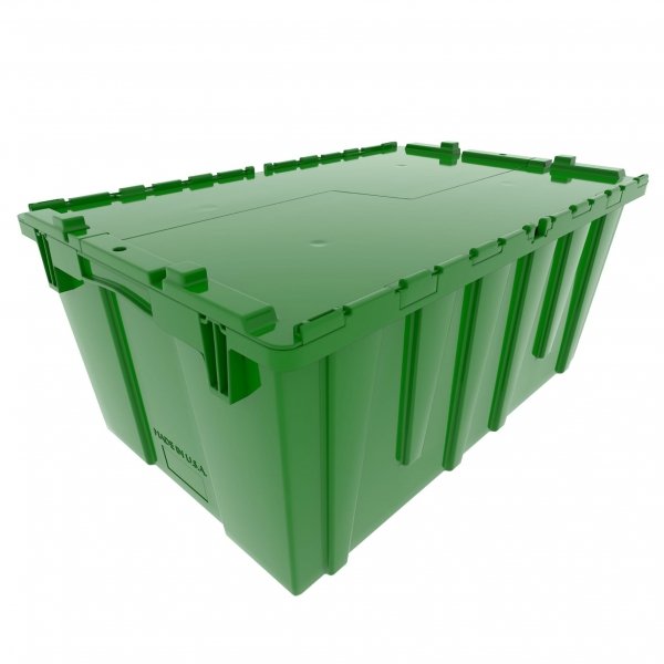 Pallet of 60 Green Heavy-Duty Plastic Totes w. Attached Lid 