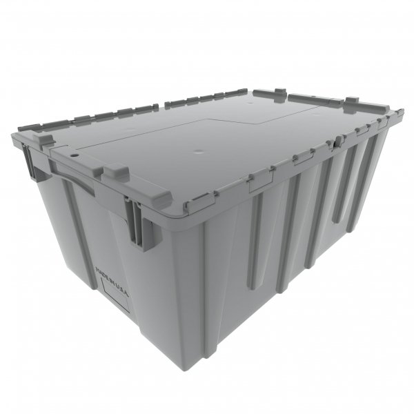 Pallet of 120 Gray Heavy-Duty Plastic Totes w. Attached Lid 