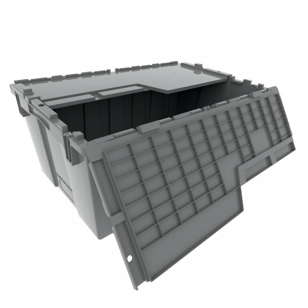 Pallet of 120 Gray Heavy-Duty Plastic Totes w. Attached Lid 