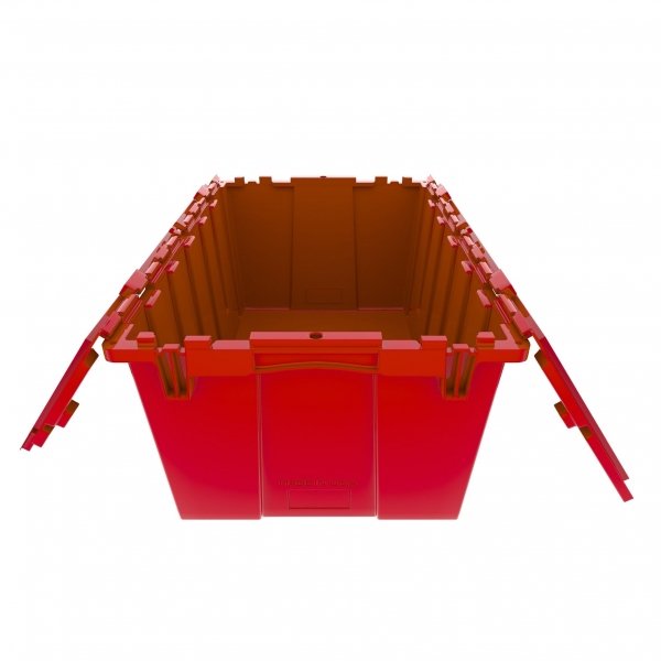 Set of 6 Red Heavy-Duty Plastic Totes w. Attached Lid 