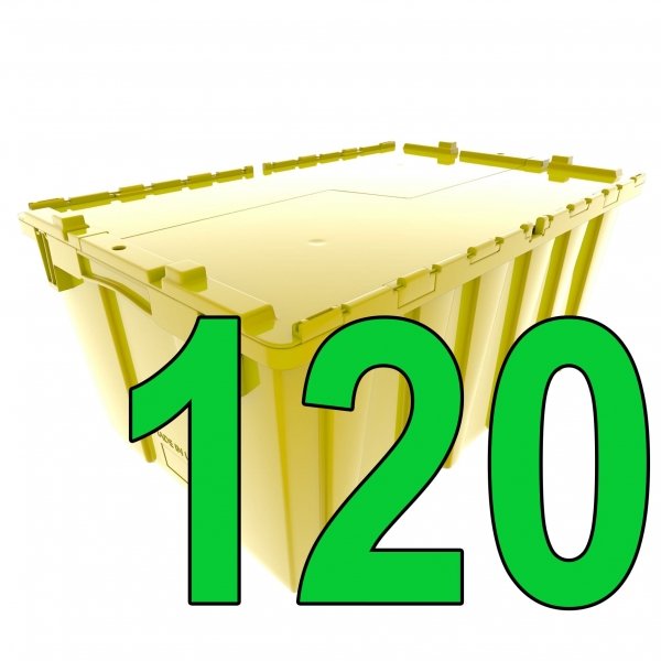 Pallet of 120 Yellow Heavy-Duty Plastic Totes w. Attached Lid 