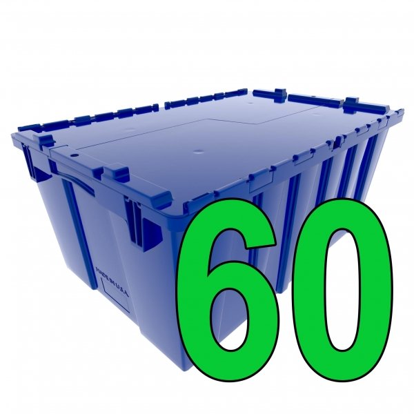 Pallet of 60 Heavy-Duty Plastic Totes w. Attached Lid 