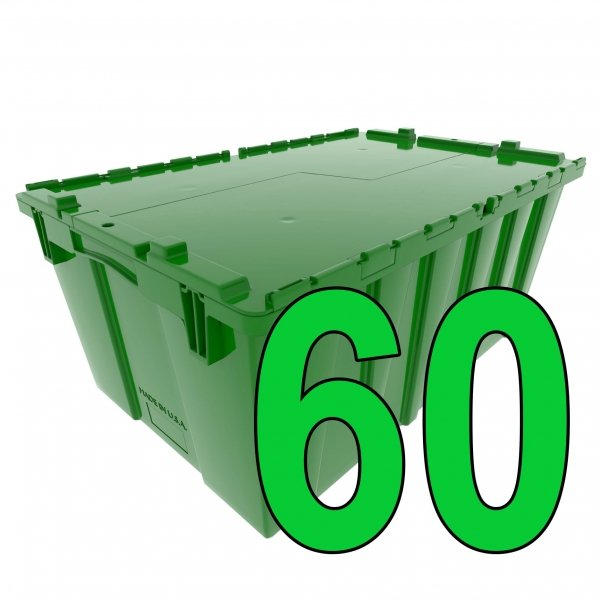 Pallet of 60 Green Heavy-Duty Plastic Totes w. Attached Lid 