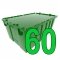 Pallet of 60 Green Heavy-Duty Plastic Totes w. Attached Lid 