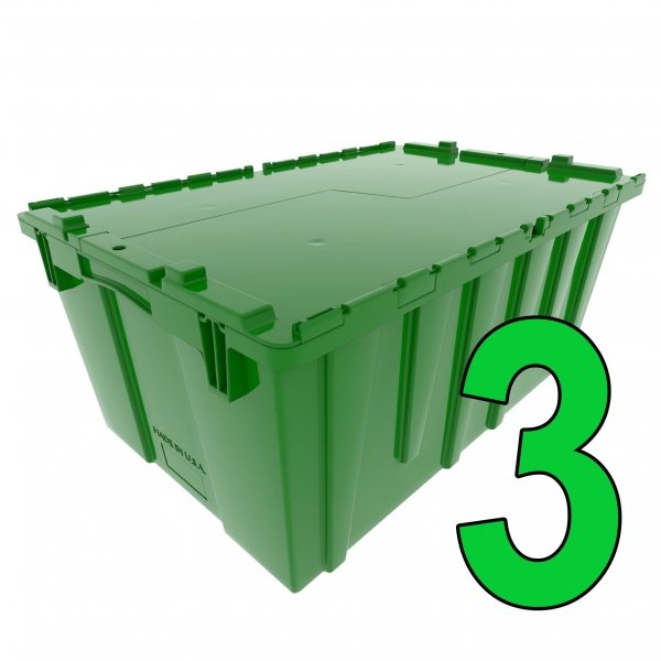 Set of 3 green Heavy-Duty Plastic Totes w. Attached Lid 