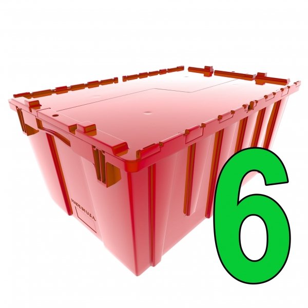 Set of 6 Red Heavy-Duty Plastic Totes w. Attached Lid 