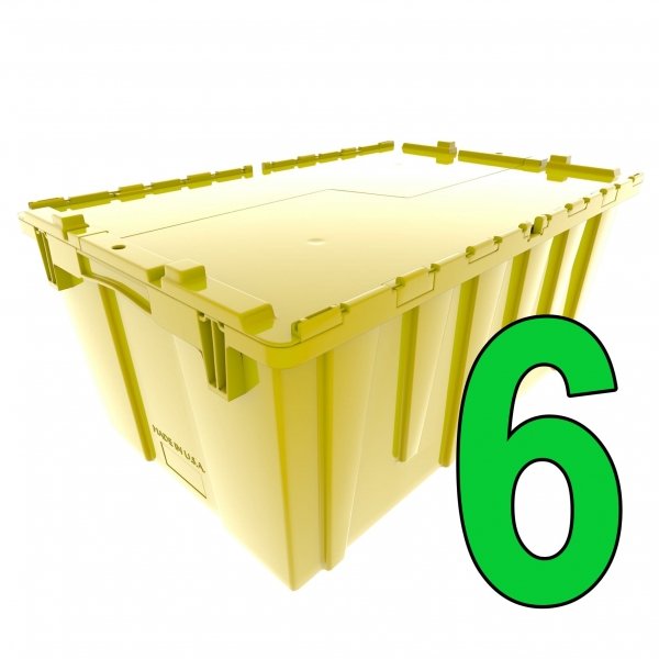 Set of 6 Yellow Heavy-Duty Plastic Totes w. Attached Lid 