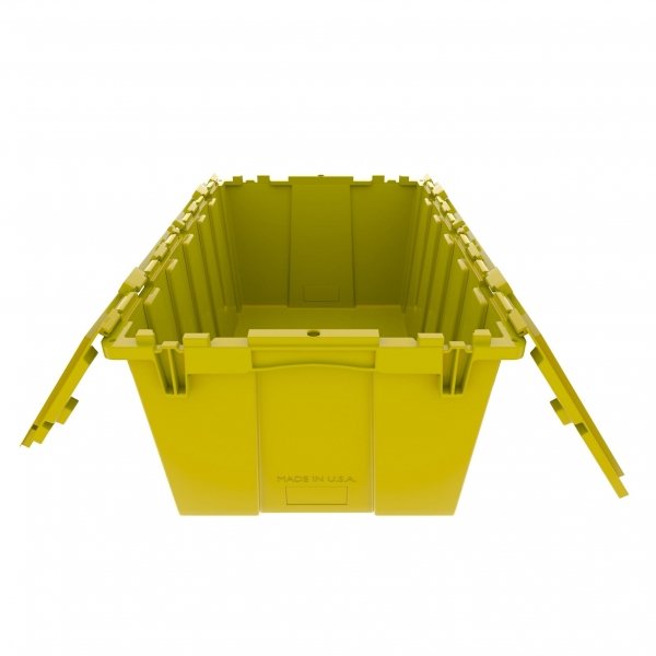 Pallet of 120 Yellow Heavy-Duty Plastic Totes w. Attached Lid 