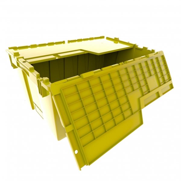 Set of 3 Yellow Heavy-Duty Plastic Totes w. Attached Lid 